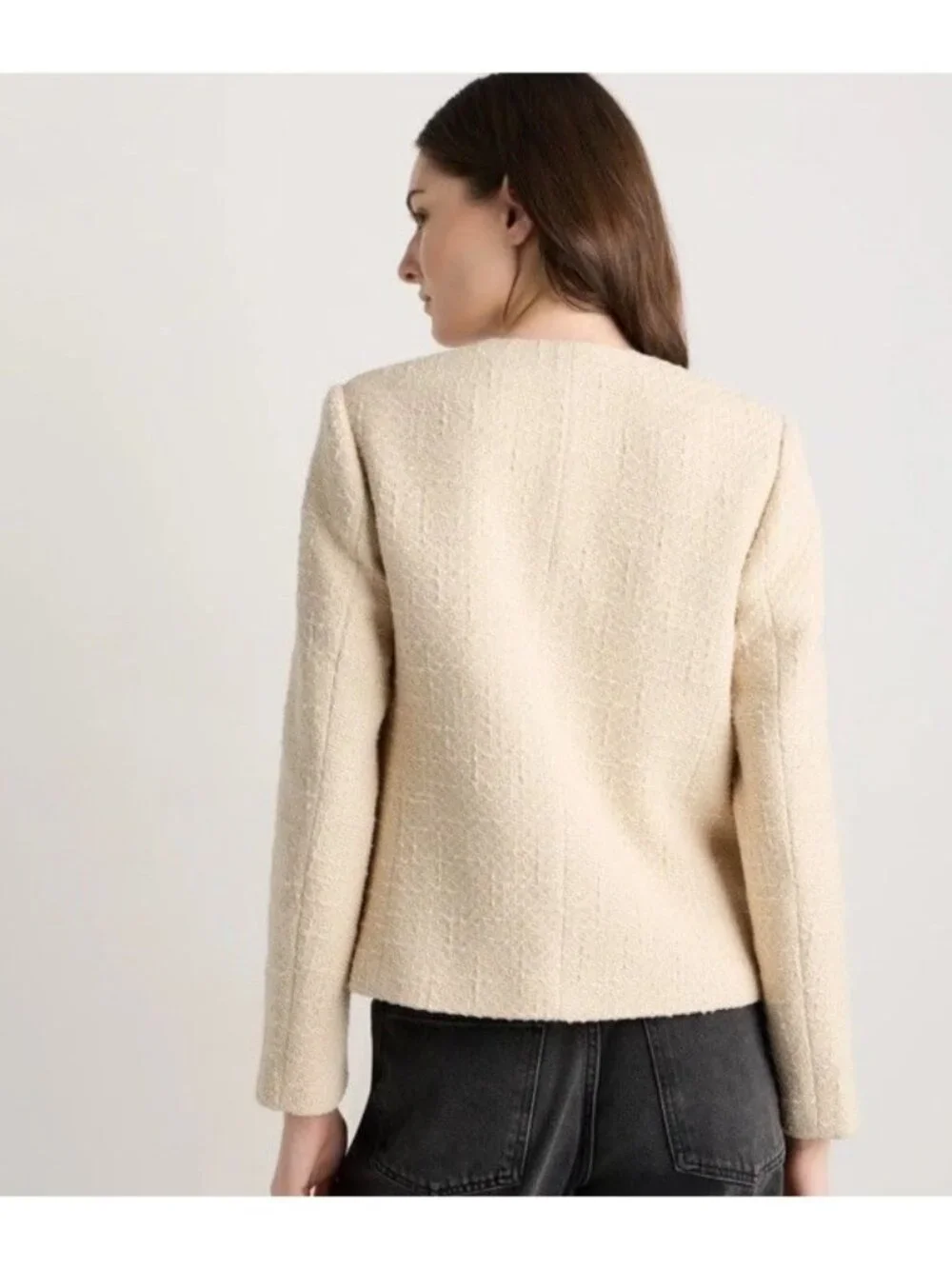 Quince Womens Size Large Stretch Tweed Collarless Jacket Ivory Coast Long Sleeve - Picture 2 of 16